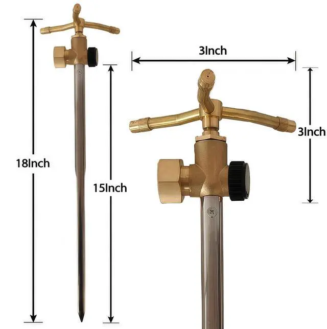 Alt view image 3 of 7 - 3-Head Solid Brass Sprinkler Heavy Duty Stainless Steel Spike with 6-Outlet Efficient Irrigation for Lawn, Garden & Farm | Water-Saving Design with Male/Female Hose Connections (1)