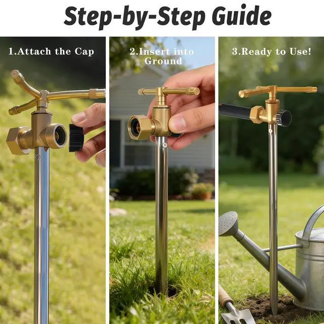 Alt view image 4 of 7 - 3-Head Solid Brass Sprinkler Heavy Duty Stainless Steel Spike with 6-Outlet Efficient Irrigation for Lawn, Garden & Farm | Water-Saving Design with Male/Female Hose Connections (1)