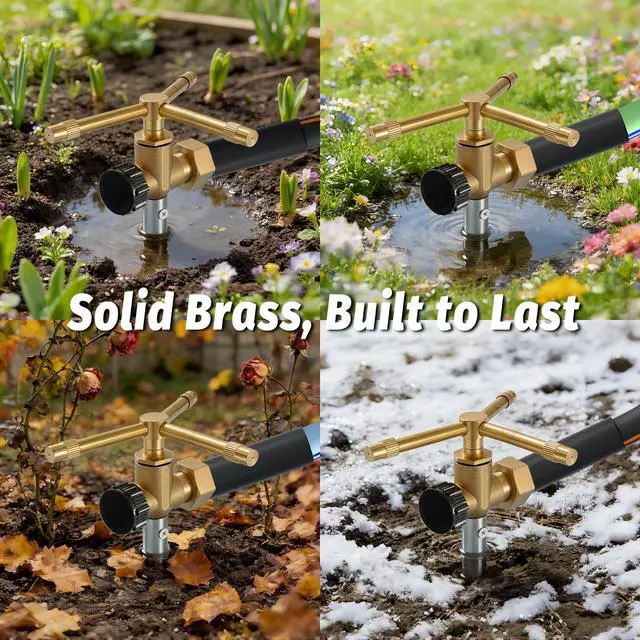 Alt view image 5 of 7 - 3-Head Solid Brass Sprinkler Heavy Duty Stainless Steel Spike with 6-Outlet Efficient Irrigation for Lawn, Garden & Farm | Water-Saving Design with Male/Female Hose Connections (1)