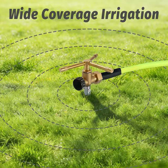 Alt view image 7 of 7 - 3-Head Solid Brass Sprinkler Heavy Duty Stainless Steel Spike with 6-Outlet Efficient Irrigation for Lawn, Garden & Farm | Water-Saving Design with Male/Female Hose Connections (1)