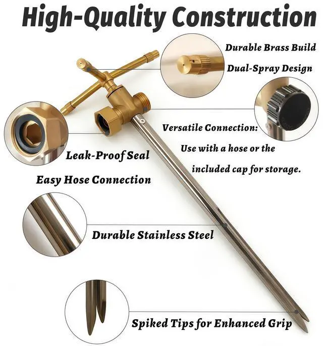 Alt view image 2 of 7 - 3-Head Solid Brass Sprinkler Heavy Duty Stainless Steel Spike with 6-Outlet Efficient Irrigation for Lawn, Garden & Farm | Water-Saving Design with Male/Female Hose Connections (1)