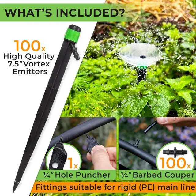 Alt view image 2 of 7 - 100 Drip Irrigation Emitters Vortex - Drip Irrigation Parts for Irrigation Kit - 1/4 inch Irrigation Tubing Compatible - 360 deg Adjustable Fan Sprayer for Raised Garden Bed, Potted Plants