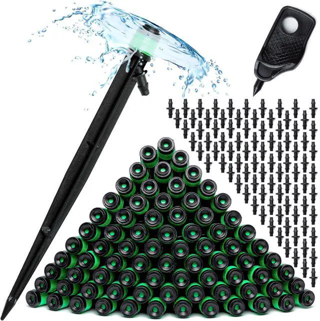 Main image of 100 Drip Irrigation Emitters Vortex - Drip Irrigation Parts for Irrigation Kit - 1/4 inch Irrigation Tubing Compatible - 360 deg Adjustable Fan Sprayer for Raised Garden Bed, Potted Plants