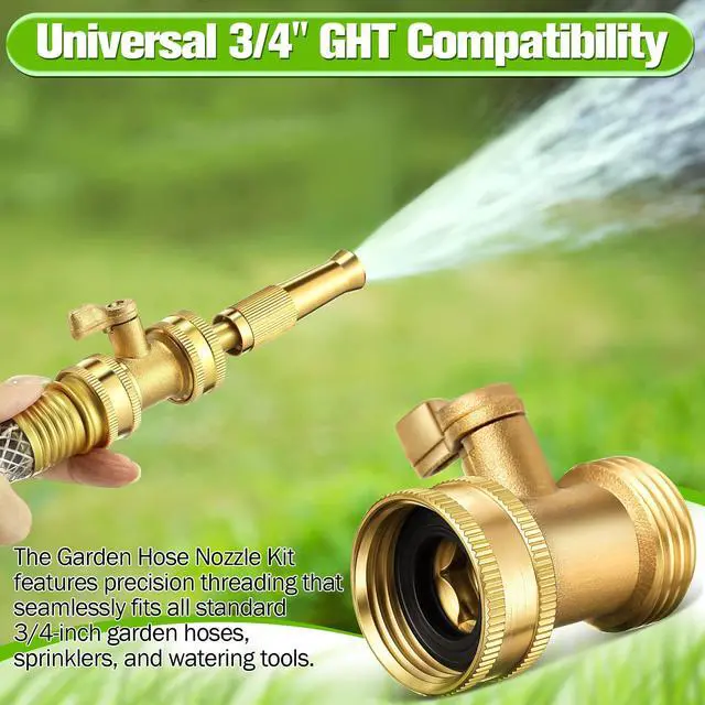 Alt view image 2 of 7 - 4 Pcs Brass Hose Nozzle Kit, Adjustable Twist Garden Hose Nozzle with High Pressure Jet Spray, Brass Shut off Valve, 10 Rubber Washers, 3/4 Inch Ght for Watering Plants, Car Wash, Cleaning