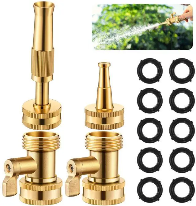 Main image of 4 Pcs Brass Hose Nozzle Kit, Adjustable Twist Garden Hose Nozzle with High Pressure Jet Spray, Brass Shut off Valve, 10 Rubber Washers, 3/4 Inch Ght for Watering Plants, Car Wash, Cleaning