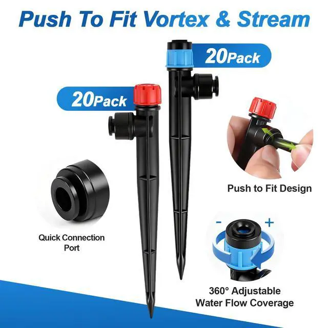 Alt view image 2 of 6 - 40 Pack Quick Connect 1/4 Inch Drip Irrigation Emitters Set, 20 Pcs 1/4'' Stream Emitters & 20 Pcs 1/4'' Vortex Emitters Adjustable 360 Degree Emitter on Stake for Garden Sprinkler Systems