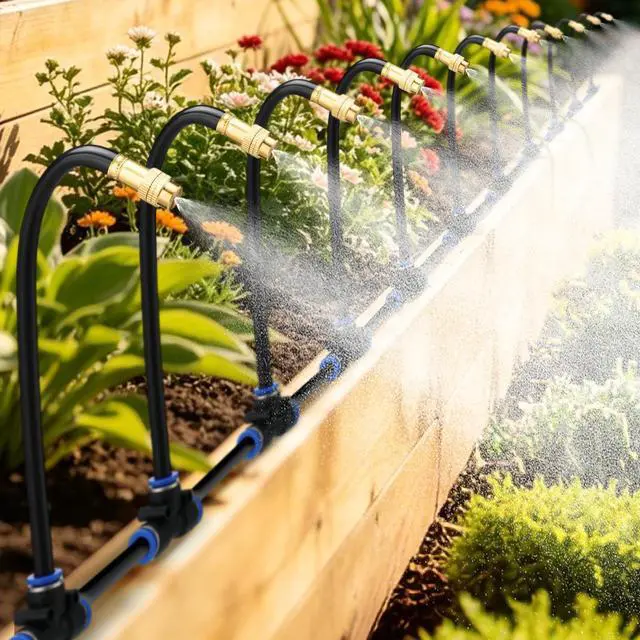 Main image of 49ft Drip Irrigation System - Includes 15pcs 360° Adjustable Copper Nozzles, 5/16" PE Tubing, 1/2" & 3/4" Faucet Adapters, Automatic Garden Watering Sprinkler System Kit for Raised Bed Plants Lawn