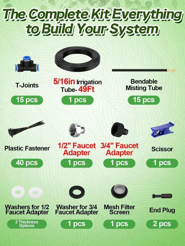 Alt view image 5 of 7 - 49ft Drip Irrigation System - Includes 15pcs 360° Adjustable Copper Nozzles, 5/16" PE Tubing, 1/2" & 3/4" Faucet Adapters, Automatic Garden Watering Sprinkler System Kit for Raised Bed Plants Lawn