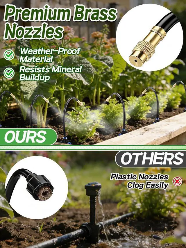 Alt view image 4 of 7 - 49ft Drip Irrigation System - Includes 15pcs 360° Adjustable Copper Nozzles, 5/16" PE Tubing, 1/2" & 3/4" Faucet Adapters, Automatic Garden Watering Sprinkler System Kit for Raised Bed Plants Lawn