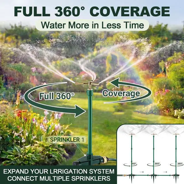 Alt view image 2 of 7 - Metal Lawn Sprinkler for Yard with Spike Base 360 Degree Rotary 3 Arm Garden Sprinkler Head Includes 3 Pack 9.85 Inch Stackable Extension Risers 1/2 Inch Male to Female