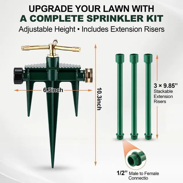 Alt view image 4 of 7 - Metal Lawn Sprinkler for Yard with Spike Base 360 Degree Rotary 3 Arm Garden Sprinkler Head Includes 3 Pack 9.85 Inch Stackable Extension Risers 1/2 Inch Male to Female