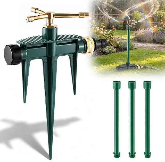Main image of Metal Lawn Sprinkler for Yard with Spike Base 360 Degree Rotary 3 Arm Garden Sprinkler Head Includes 3 Pack 9.85 Inch Stackable Extension Risers 1/2 Inch Male to Female