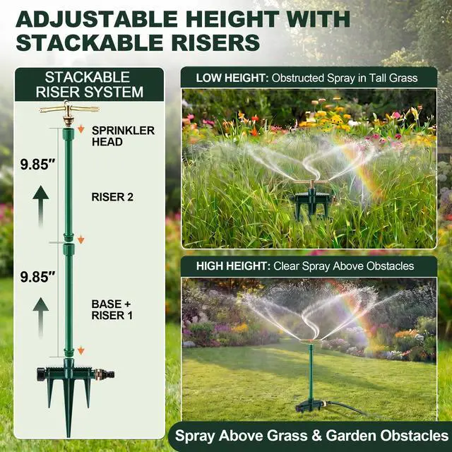 Alt view image 3 of 7 - Metal Lawn Sprinkler for Yard with Spike Base 360 Degree Rotary 3 Arm Garden Sprinkler Head Includes 3 Pack 9.85 Inch Stackable Extension Risers 1/2 Inch Male to Female