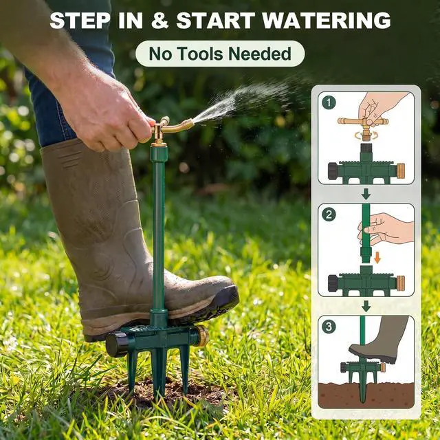 Alt view image 7 of 7 - Metal Lawn Sprinkler for Yard with Spike Base 360 Degree Rotary 3 Arm Garden Sprinkler Head Includes 3 Pack 9.85 Inch Stackable Extension Risers 1/2 Inch Male to Female