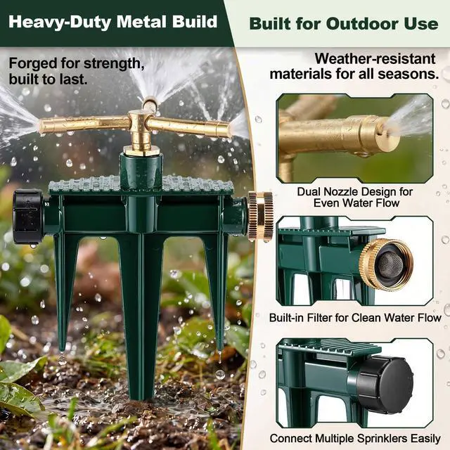 Alt view image 5 of 7 - Metal Lawn Sprinkler for Yard with Spike Base 360 Degree Rotary 3 Arm Garden Sprinkler Head Includes 3 Pack 9.85 Inch Stackable Extension Risers 1/2 Inch Male to Female