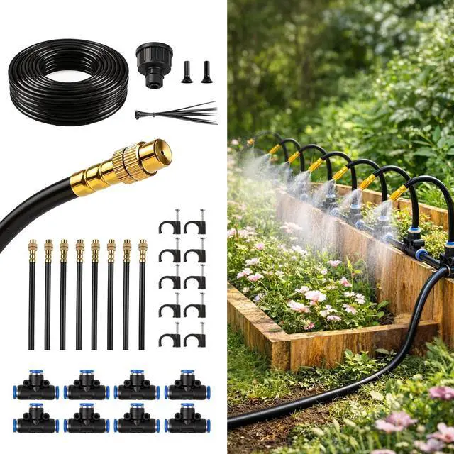 Main image of 50FT Drip Irrigation Kit, 360° Adjustable Garden Watering System with 1/4" Tubing, Brass Misting Nozzles, DIY Irrigation System for Plants, Raised Beds, Greenhouse