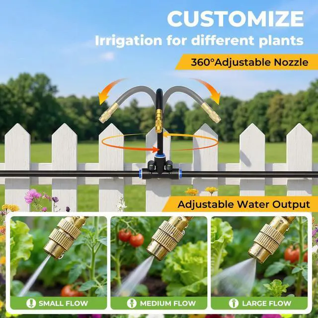 Alt view image 4 of 6 - 50FT Drip Irrigation Kit, 360° Adjustable Garden Watering System with 1/4" Tubing, Brass Misting Nozzles, DIY Irrigation System for Plants, Raised Beds, Greenhouse