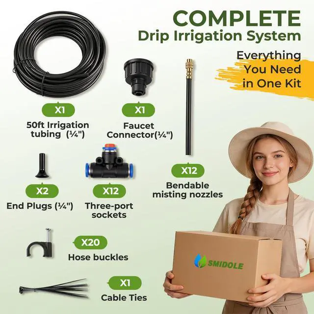 Alt view image 6 of 6 - 50FT Drip Irrigation Kit, 360° Adjustable Garden Watering System with 1/4" Tubing, Brass Misting Nozzles, DIY Irrigation System for Plants, Raised Beds, Greenhouse