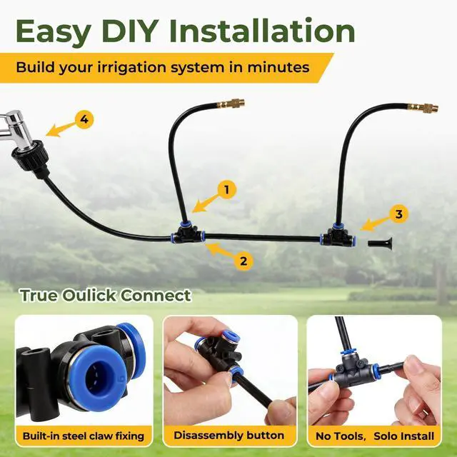 Alt view image 3 of 6 - 50FT Drip Irrigation Kit, 360° Adjustable Garden Watering System with 1/4" Tubing, Brass Misting Nozzles, DIY Irrigation System for Plants, Raised Beds, Greenhouse