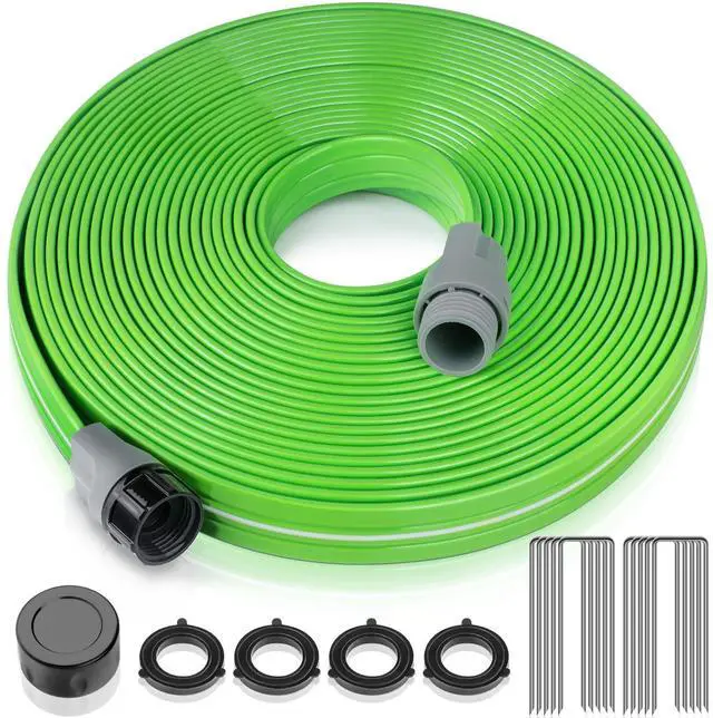 Main image of Heavy Duty Sprinkler Soaker Hose 50 FT, Flat Garden Hose with Holes, Efficient Flexible Irrigation Hose for Yard, Lawn and Garden, Includes Stakes