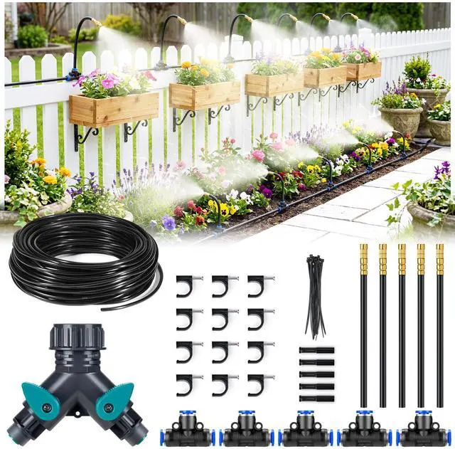 Main image of 33FT Garden Watering System with 5 360° Adjustable Copper Mist Nozzles, Quick-Connect Drip Irrigation Kit for Patio Pots, Small Greenhouses and Flower Beds