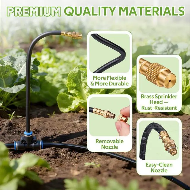 Alt view image 3 of 7 - 33FT Garden Watering System with 5 360° Adjustable Copper Mist Nozzles, Quick-Connect Drip Irrigation Kit for Patio Pots, Small Greenhouses and Flower Beds