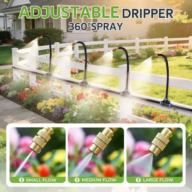 Alt view image 4 of 7 - 33FT Garden Watering System with 5 360° Adjustable Copper Mist Nozzles, Quick-Connect Drip Irrigation Kit for Patio Pots, Small Greenhouses and Flower Beds