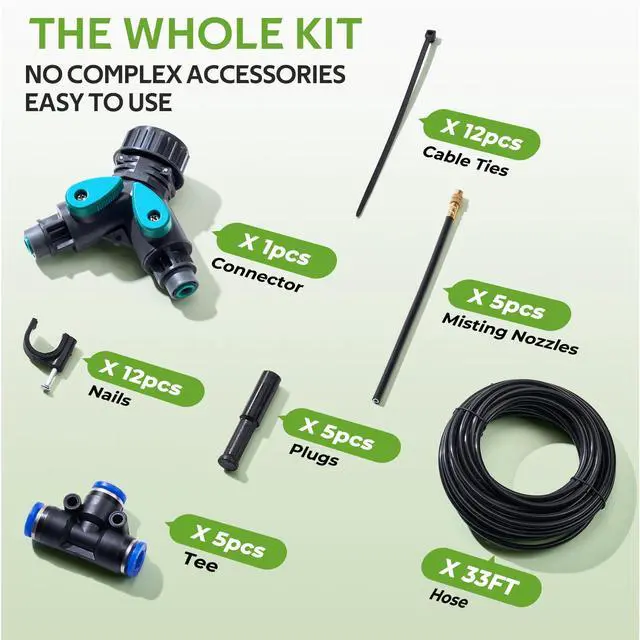 Alt view image 7 of 7 - 33FT Garden Watering System with 5 360° Adjustable Copper Mist Nozzles, Quick-Connect Drip Irrigation Kit for Patio Pots, Small Greenhouses and Flower Beds
