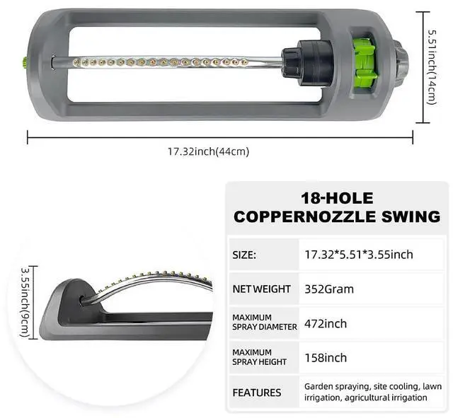 Alt view image 2 of 7 - Lawn Sprinkler, Oscillating Sprinkler for Yard with 18 Hole Brass Nozzles, Watering for Lawn & Garden Covers up to 3,600 sq.ft, Easy Adjust Range Control, Built-in Spray Jet Cleaning Needle (Gray)