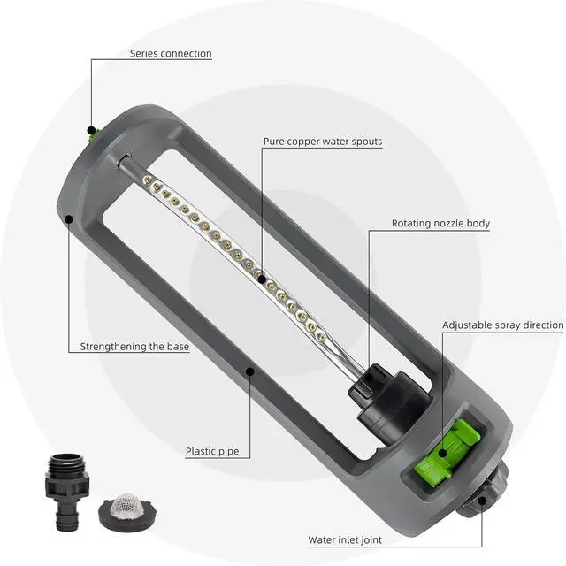 Alt view image 4 of 7 - Lawn Sprinkler, Oscillating Sprinkler for Yard with 18 Hole Brass Nozzles, Watering for Lawn & Garden Covers up to 3,600 sq.ft, Easy Adjust Range Control, Built-in Spray Jet Cleaning Needle (Gray)