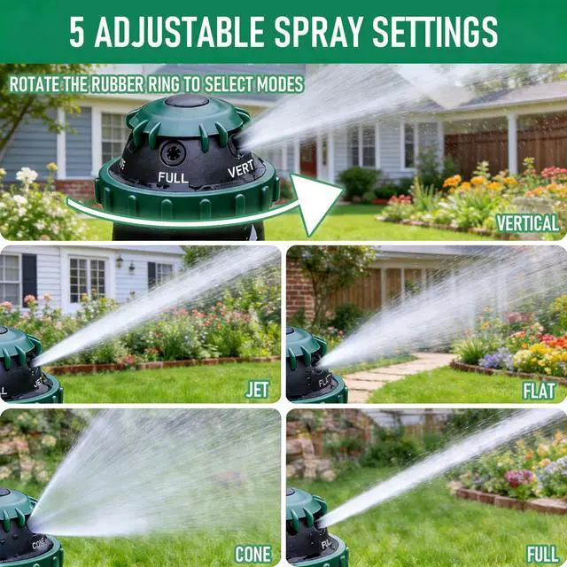 Alt view image 4 of 7 - Gear Drive Sprinkler for Yard, Heavy Duty 5-Pattern 360 Degree Rotary Water Sprinkler with Spike Base, Durable Lawn Sprinkler with 3/4 Inch Adapters for Large Area Garden