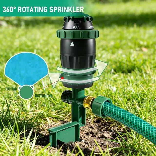 Alt view image 2 of 7 - Gear Drive Sprinkler for Yard, Heavy Duty 5-Pattern 360 Degree Rotary Water Sprinkler with Spike Base, Durable Lawn Sprinkler with 3/4 Inch Adapters for Large Area Garden