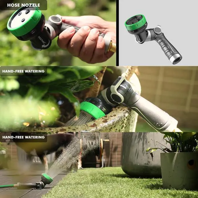 Main image of Multi-Angle Garden Hose Nozzle with Sprinkler Function, Heavy Duty Water Hose Nozzle with 4 Spray Patterns, Magic Twist and Thumb Flow Control for Garden Watering, Car Washing & Yard, Green