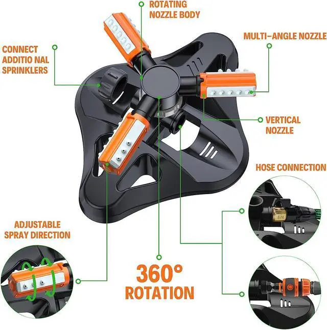 Alt view image 3 of 7 - Garden Sprinkler,Upgrade Lawn Sprinklers Automatic 360 Degree Rotating Irrigation Grass Water Sprayer System,Garden Hose Sprinkler for Yard/Built in 36 Units Angle Spray Nozzles(Orange)-1Pack