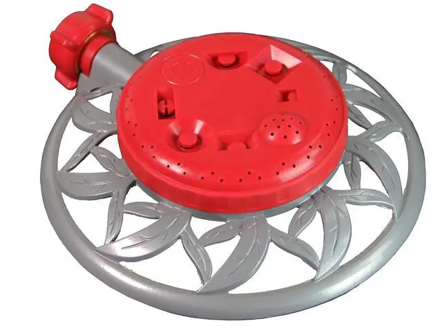 Main image of 4998: 8-Pattern Metal Circle Sprinkler, 360 Degree Sprinkler Head for Small Gardens and Lawns, Up to 40 ft Coverage Area, Lawn Sprinkler, Small Area Yards and Garden Watering, Red/Silver