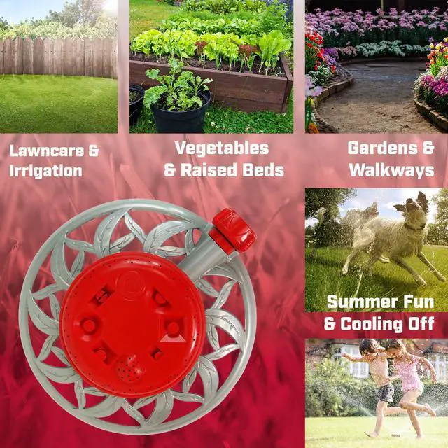 Alt view image 2 of 6 - 4998: 8-Pattern Metal Circle Sprinkler, 360 Degree Sprinkler Head for Small Gardens and Lawns, Up to 40 ft Coverage Area, Lawn Sprinkler, Small Area Yards and Garden Watering, Red/Silver