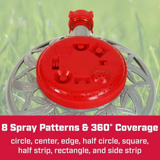 Alt view image 4 of 6 - 4998: 8-Pattern Metal Circle Sprinkler, 360 Degree Sprinkler Head for Small Gardens and Lawns, Up to 40 ft Coverage Area, Lawn Sprinkler, Small Area Yards and Garden Watering, Red/Silver