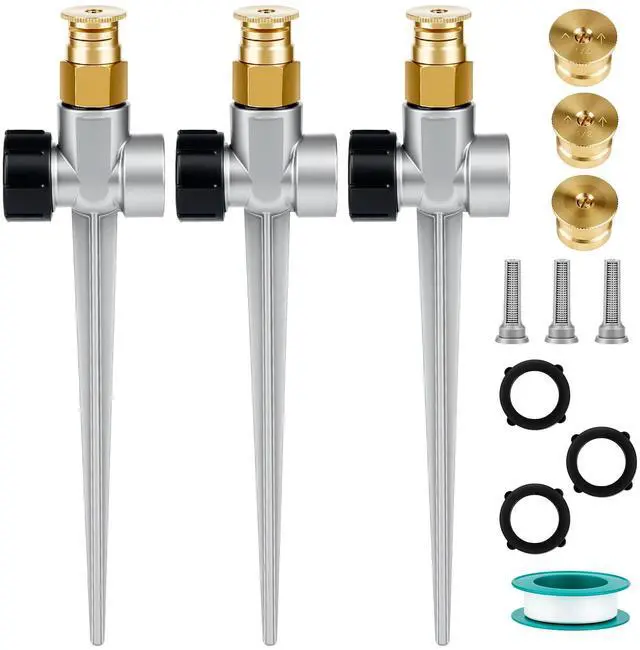 Main image of 3 Set Metal Lawn Sprinklers for Yard, Automatic Garden 360°/180°/90° Large Coverage Water Sprinklers, Adjustable Brass Sprinkler Nozzle with Aluminum Alloy Spike Base for Lawn Grass Patio Garden