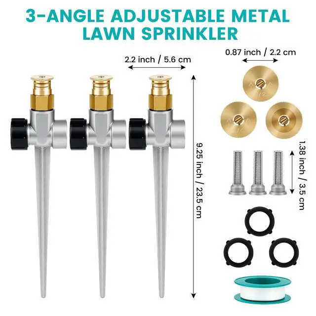 Alt view image 2 of 7 - 3 Set Metal Lawn Sprinklers for Yard, Automatic Garden 360°/180°/90° Large Coverage Water Sprinklers, Adjustable Brass Sprinkler Nozzle with Aluminum Alloy Spike Base for Lawn Grass Patio Garden