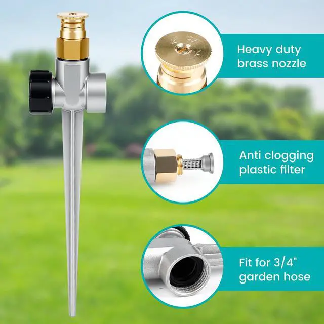 Alt view image 4 of 7 - 3 Set Metal Lawn Sprinklers for Yard, Automatic Garden 360°/180°/90° Large Coverage Water Sprinklers, Adjustable Brass Sprinkler Nozzle with Aluminum Alloy Spike Base for Lawn Grass Patio Garden