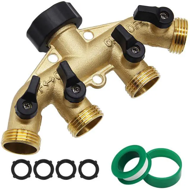Main image of 4 Way Brass Hose Splitter, 3/4" Brass Hose Faucet Manifold, Garden Hose Adapter Connector