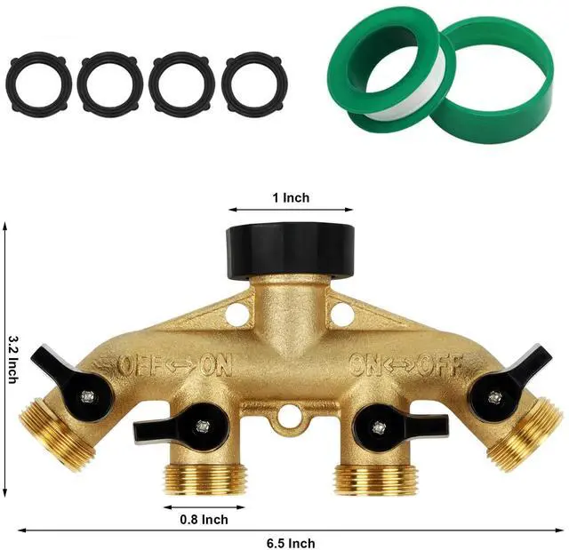 Alt view image 2 of 7 - 4 Way Brass Hose Splitter, 3/4" Brass Hose Faucet Manifold, Garden Hose Adapter Connector