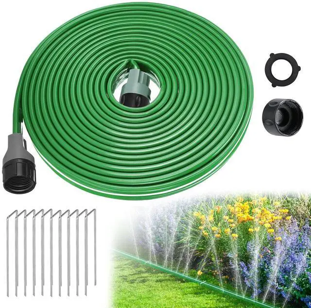 Main image of 25ft Sprinkler Soaker Hose - Kink-free, Save Water, Flexible - Heavy Duty Three Tube Flat Watering Hose for Garden Yard Lawn Irrigation, With 10 Stakes