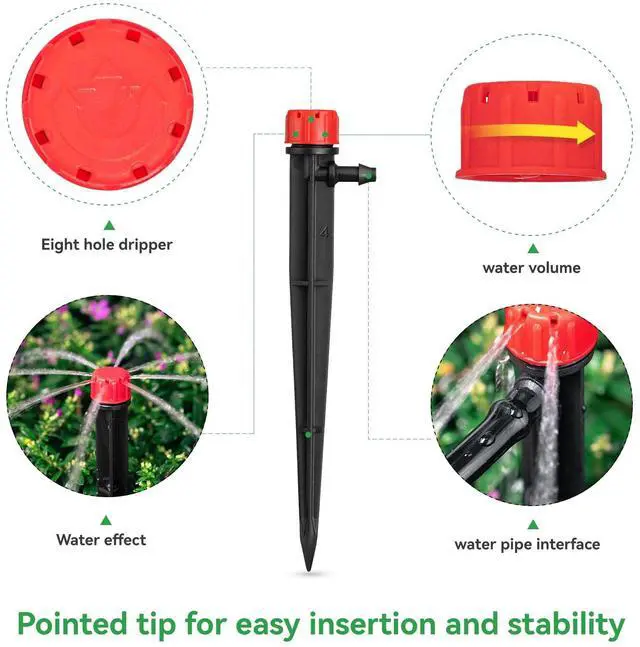Main image of 50pcs Drip Emitters for 1/4" Drip Irrigation Tubing, Adjustable 360 Degree Water Flow Drippers on 5" Arrow Stake, Garden Irrigation Drippers for (4-7mm) Watering System
