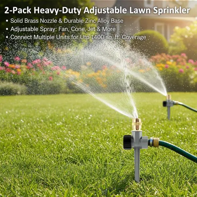 Alt view image 2 of 5 - 2 Pack Metal Lawn Sprinklers, 360° Adjustable Brass Nozzle Water Sprinkler with Aluminum Alloy Spike Base for Yard Garden Patio Irrigation, Grey
