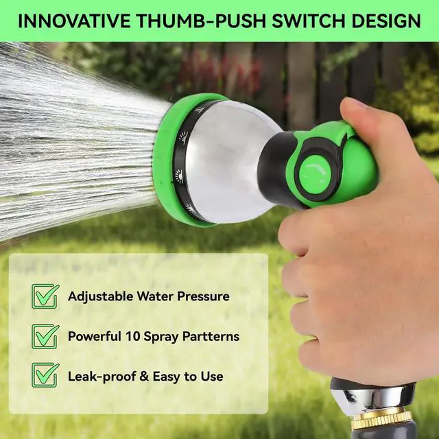 Alt view image 5 of 7 - Garden Water Hose Nozzle Metal Heavy Duty Sprayer Thumb Control with 10 Spray Modes Suitable for Watering Plants, Iawn and Garden, Car Washing, Cleaning, Showering Pets and Outdoor Fun, Green