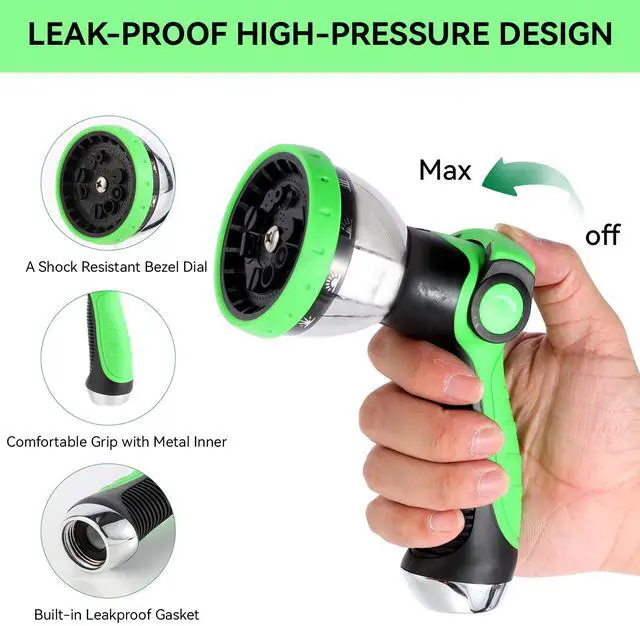 Alt view image 3 of 7 - Garden Water Hose Nozzle Metal Heavy Duty Sprayer Thumb Control with 10 Spray Modes Suitable for Watering Plants, Iawn and Garden, Car Washing, Cleaning, Showering Pets and Outdoor Fun, Green