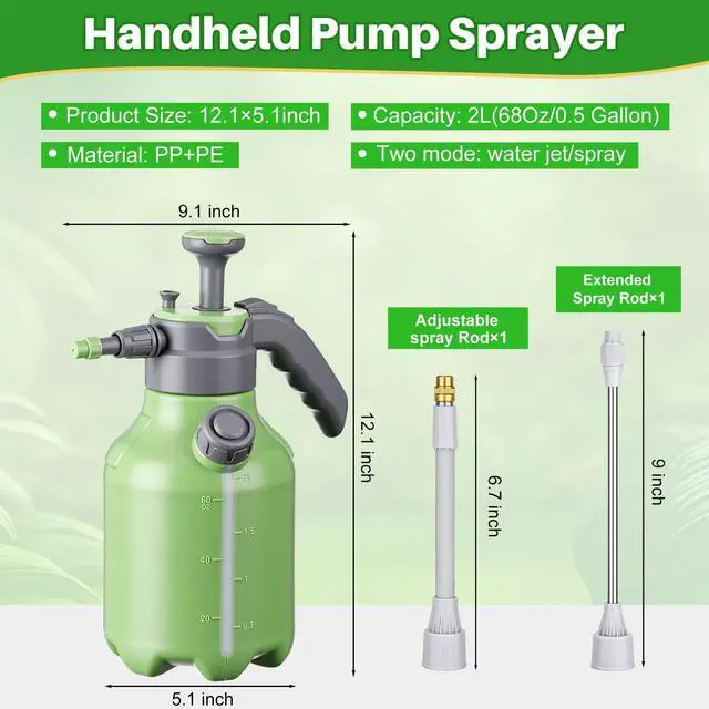 Alt view image 2 of 6 - 0.5 Gallon Hand Pump Sprayer for Garden 68 oz Plant Spray Bottle 2L with Side Water Inlet Safety Valve Adjustable Nozzle Extended 360° Spray Rod for Watering Fertilizing Cleaning(Green)