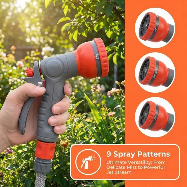 Alt view image 5 of 7 - Garden Hose Nozzle Sprayer-This High Heavy-Duty Spray Nozzle Offer 9 Watering Patterns for Watering Plants,Lawns &Gardens,Washing Cars,Household Cleaning and Showering Pets (Orange-grey)