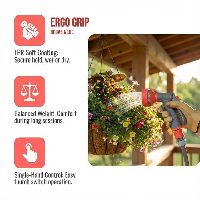 Alt view image 4 of 7 - Garden Hose Nozzle Sprayer-This High Heavy-Duty Spray Nozzle Offer 9 Watering Patterns for Watering Plants,Lawns &Gardens,Washing Cars,Household Cleaning and Showering Pets (Orange-grey)